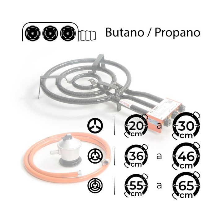 Paellero de 3 aros 45 cm con goma de butano y regulador