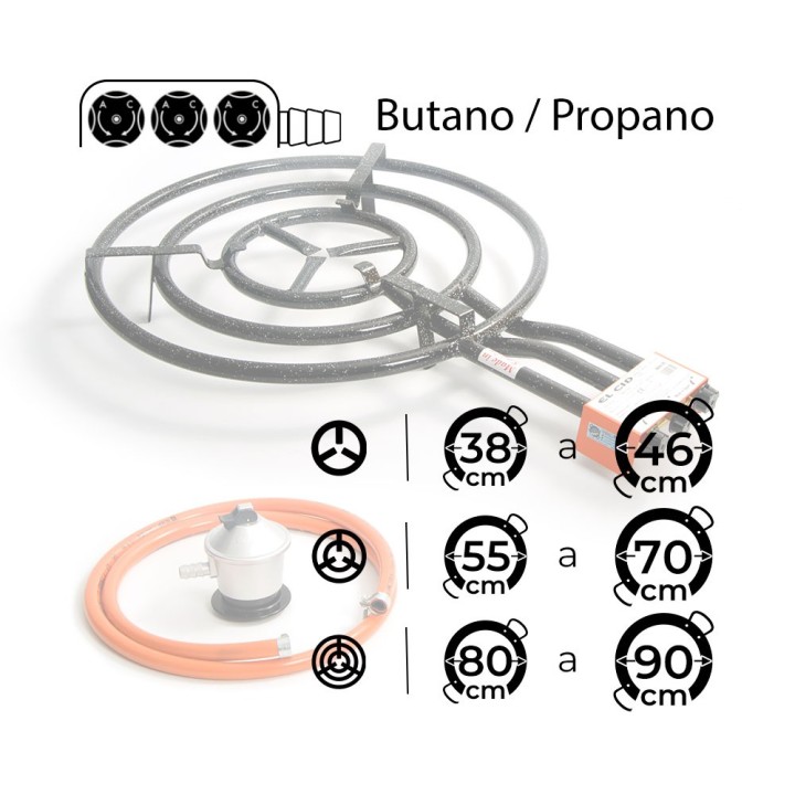 Paellero de gas butano 70 cm + Regulador + Goma