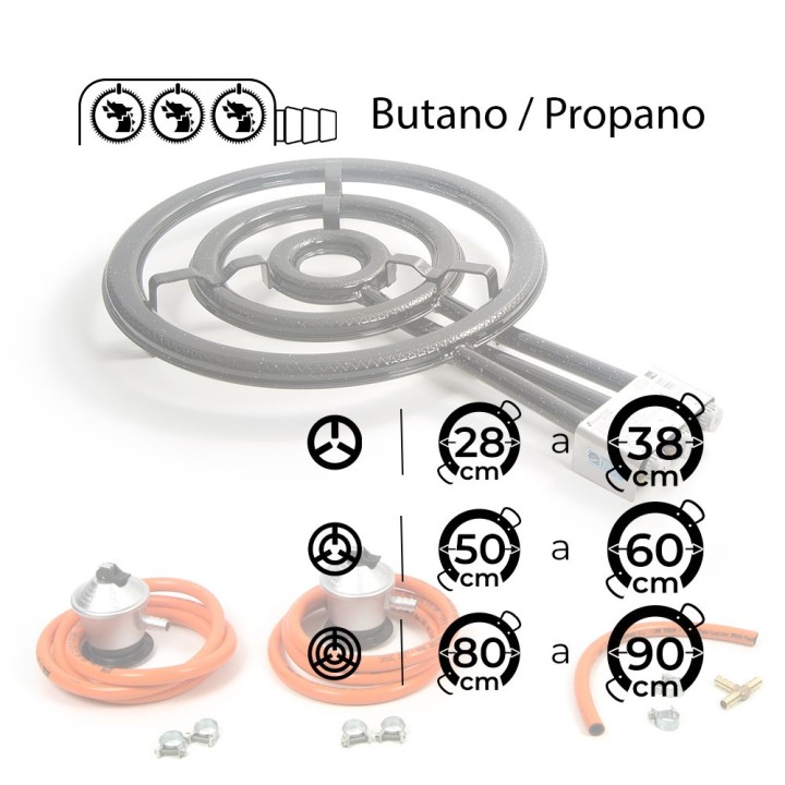 Paellero 60 cm para uso con 2 bombonas (2 packs regulador y goma)