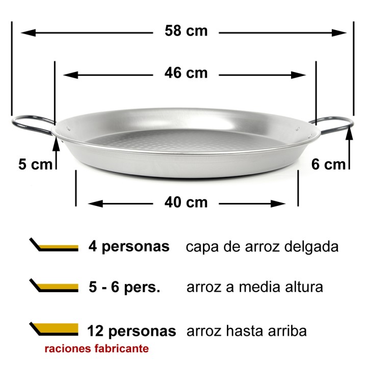 Paellera tradicional para 4 o 5 personas de acero pulido 46cm