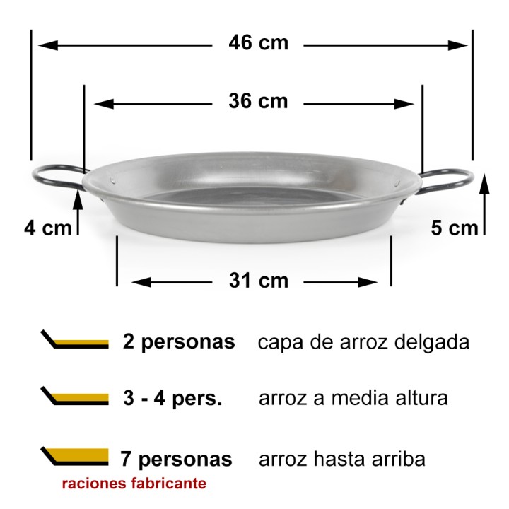 Paellera para 2, 3 o 7 comensales según la cantidad de arroz