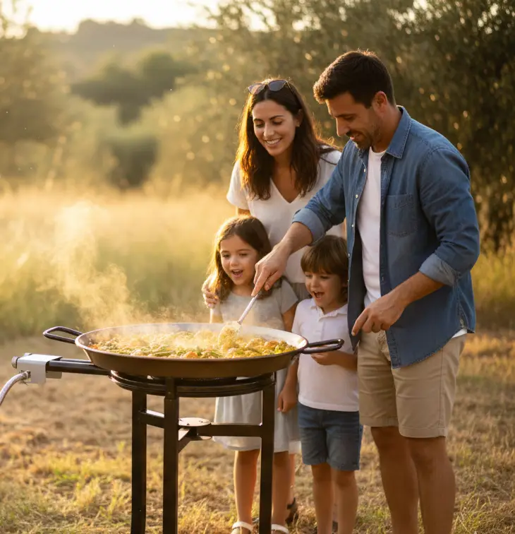 Familia preparando su primera paella